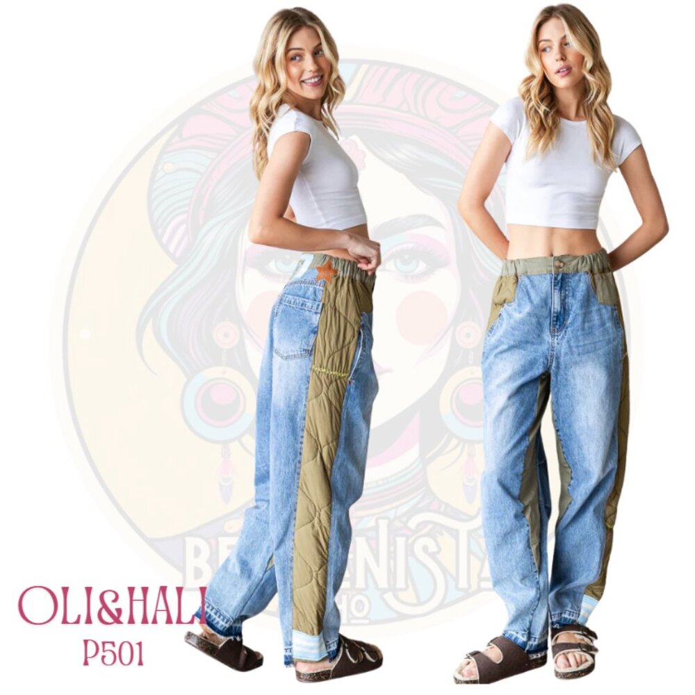 P501 OLI & HALI Blue Green Washed Colorblock Inset Jeans